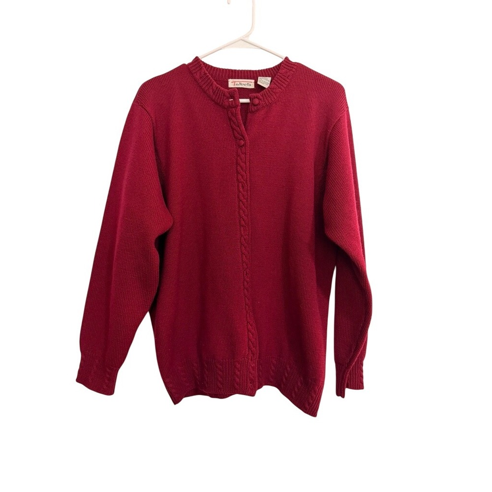 Vintage Talbots 100% Wool Cardigan Sweater Red Cable Knit Button Front XL Rustic